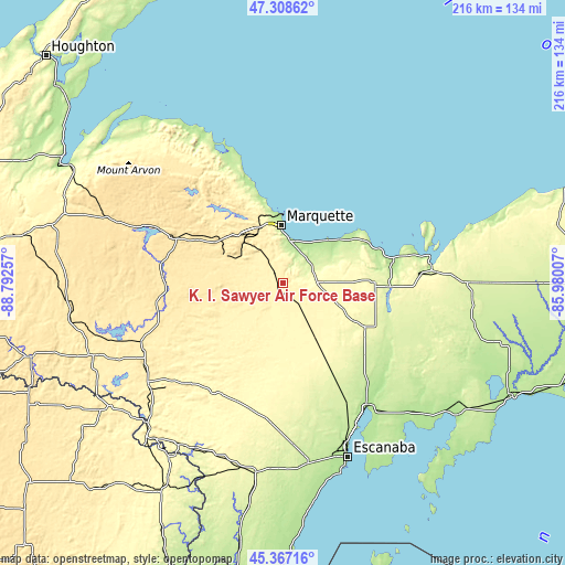 Topographic map of K. I. Sawyer Air Force Base