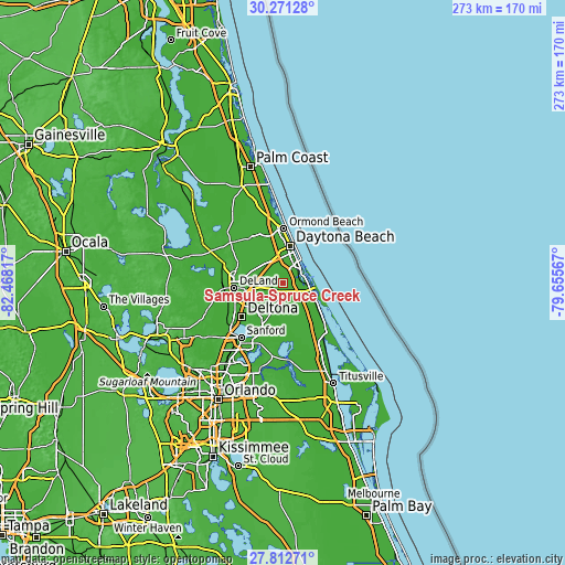 Topographic map of Samsula-Spruce Creek