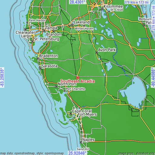 Topographic map of Southeast Arcadia