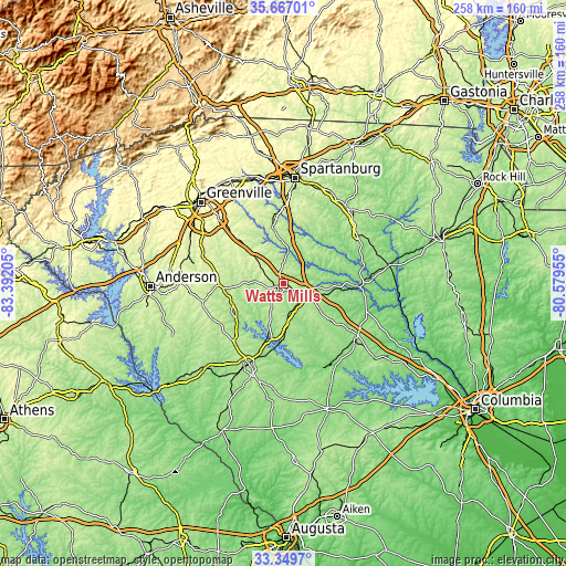 Topographic map of Watts Mills