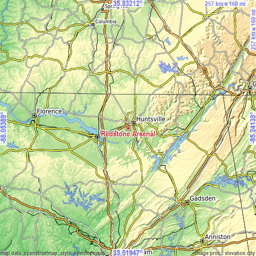 Topographic map of Redstone Arsenal