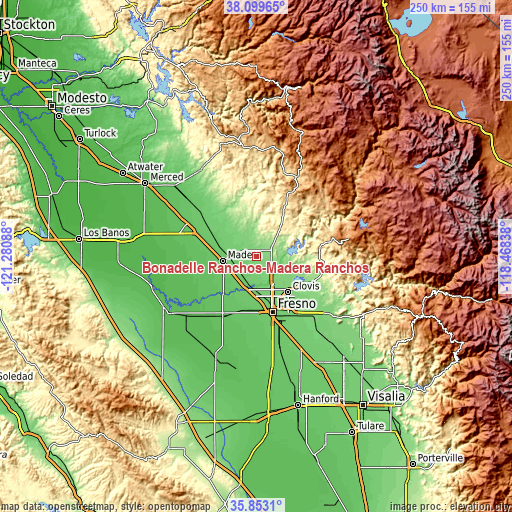 Topographic map of Bonadelle Ranchos-Madera Ranchos