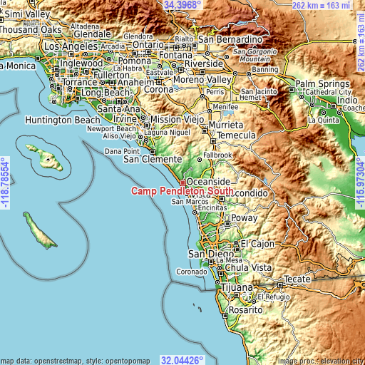 Topographic map of Camp Pendleton South