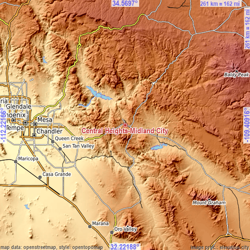 Topographic map of Central Heights-Midland City