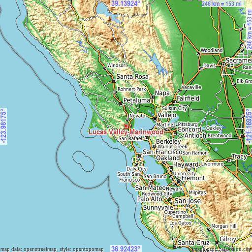 Topographic map of Lucas Valley-Marinwood