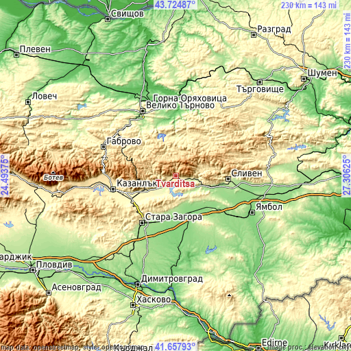 Topographic map of Tvarditsa