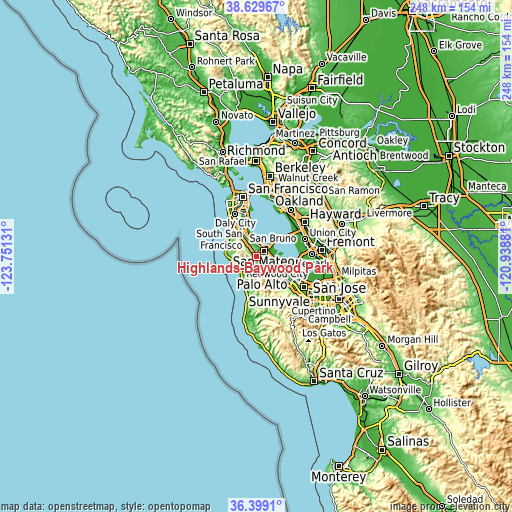 Topographic map of Highlands-Baywood Park