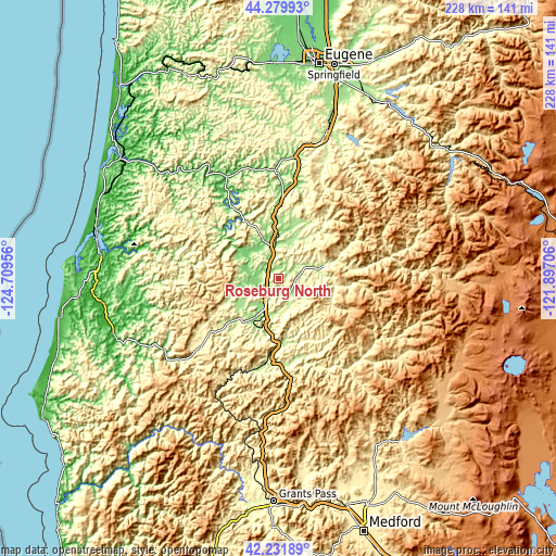 Topographic map of Roseburg North