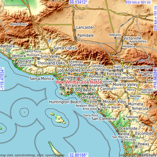 Topographic map of West Whittier-Los Nietos