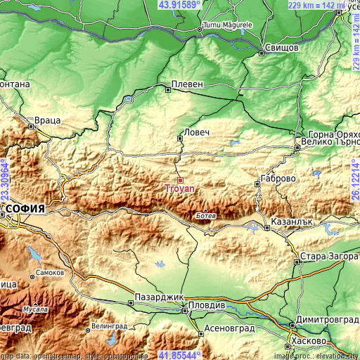 Topographic map of Troyan