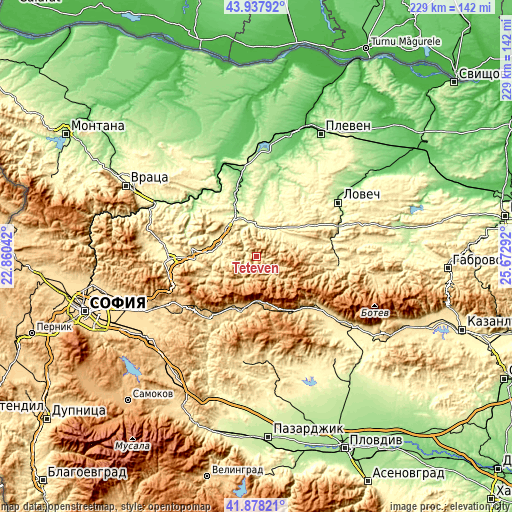 Topographic map of Teteven