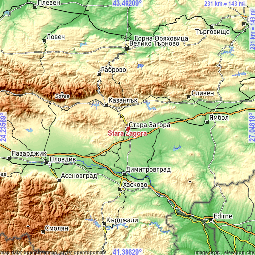 Topographic map of Stara Zagora