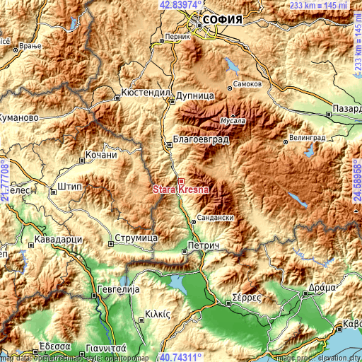Topographic map of Stara Kresna