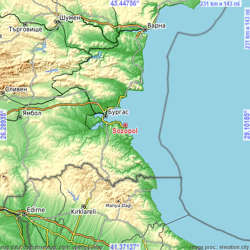 Topographic map of Sozopol