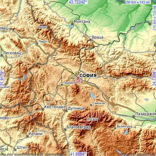 Topographic map of Sofia