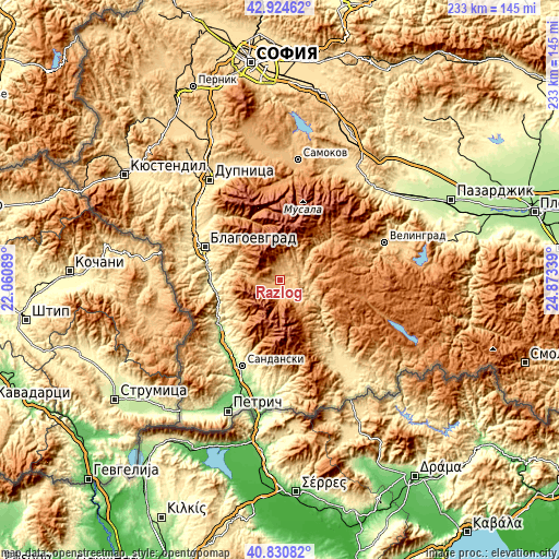Topographic map of Razlog