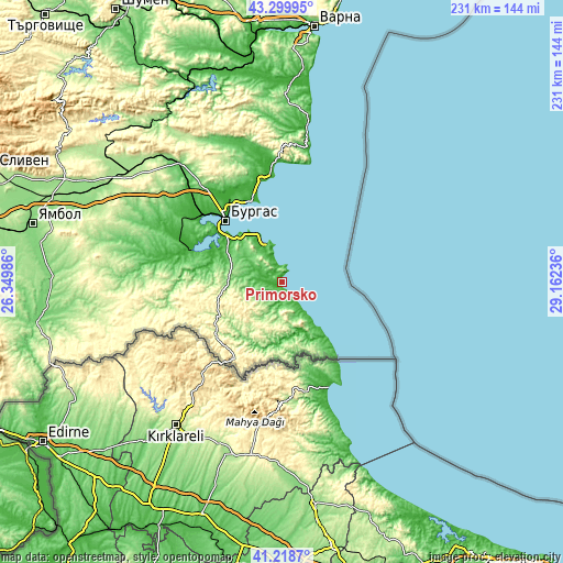 Topographic map of Primorsko