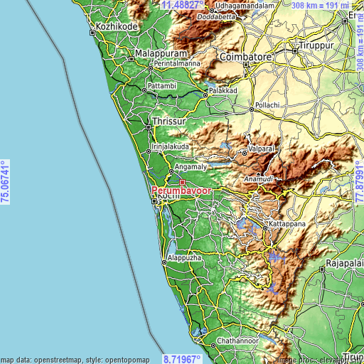 Topographic map of Perumbavoor