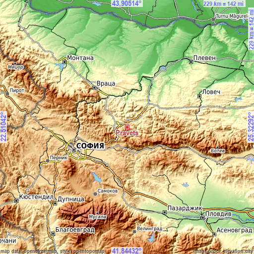 Topographic map of Pravets