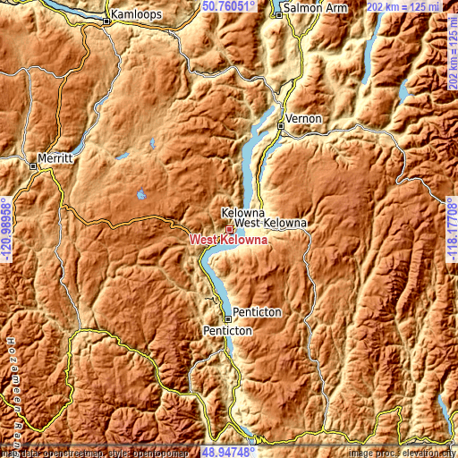 Topographic map of West Kelowna