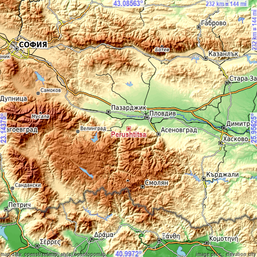 Topographic map of Perushtitsa