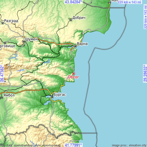 Topographic map of Obzor