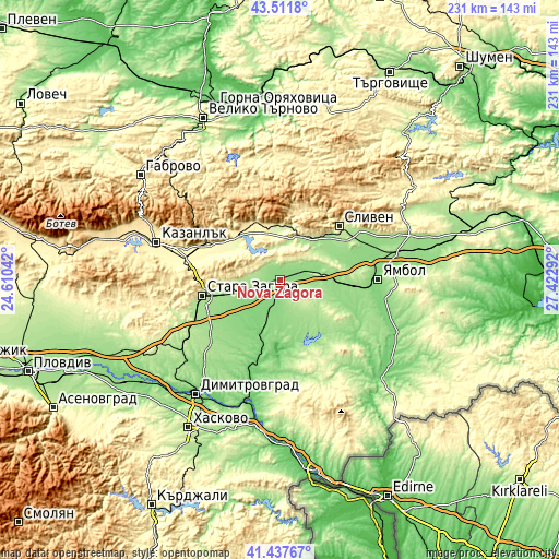 Topographic map of Nova Zagora