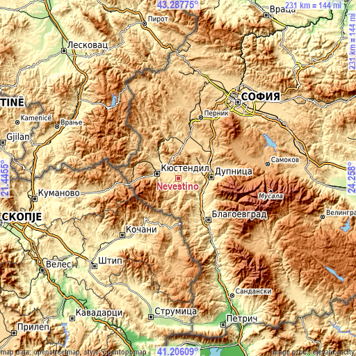 Topographic map of Nevestino