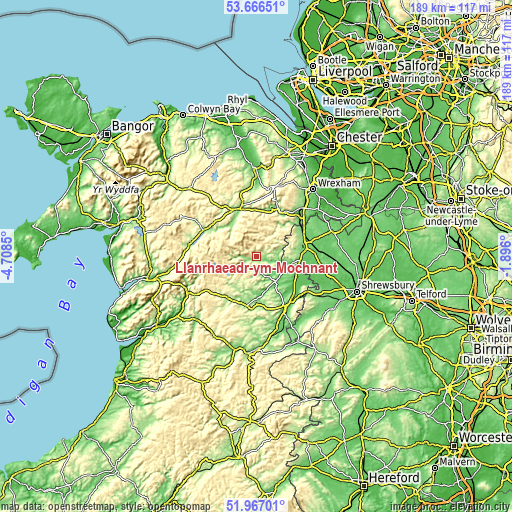 Topographic map of Llanrhaeadr-ym-Mochnant