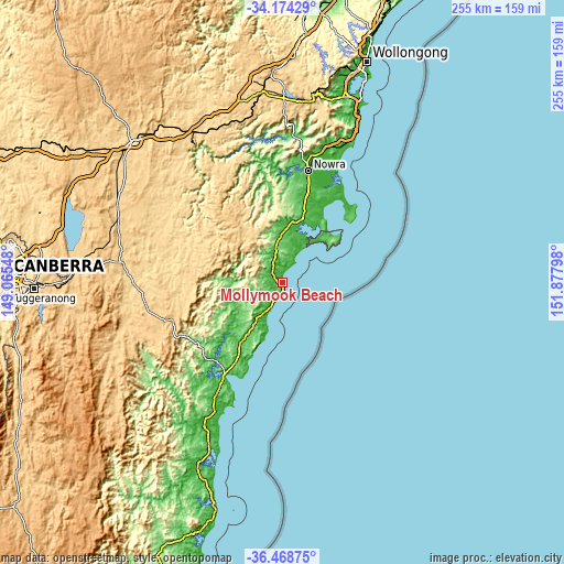 Topographic map of Mollymook Beach