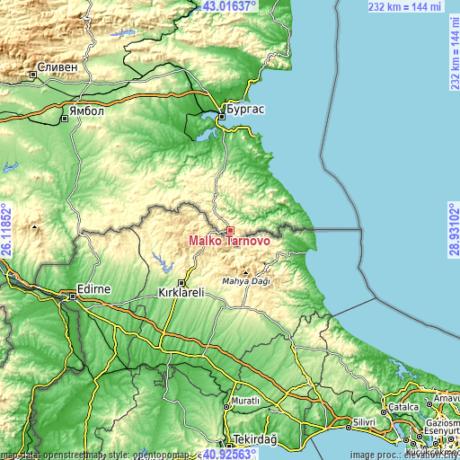 Topographic map of Malko Tarnovo