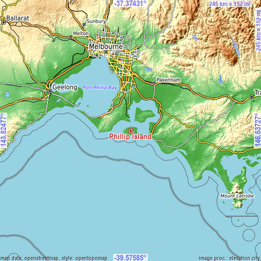 Topographic map of Phillip Island