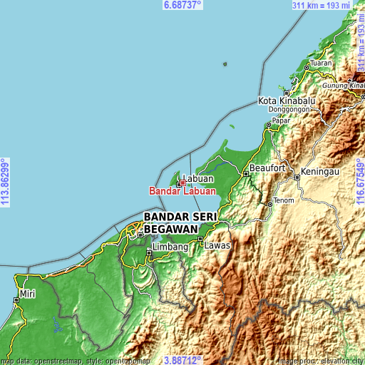 Topographic map of Bandar Labuan
