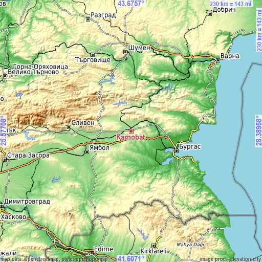 Topographic map of Karnobat