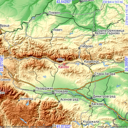 Topographic map of Kalofer
