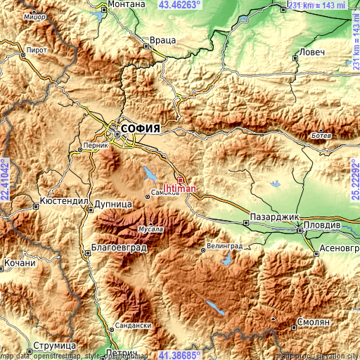 Topographic map of Ihtiman
