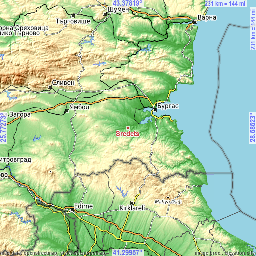 Topographic map of Sredets
