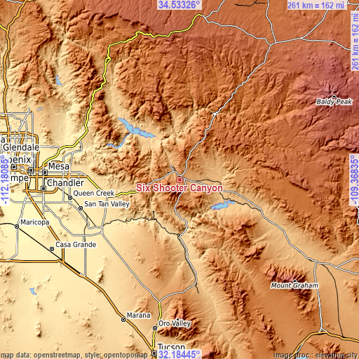 Topographic map of Six Shooter Canyon