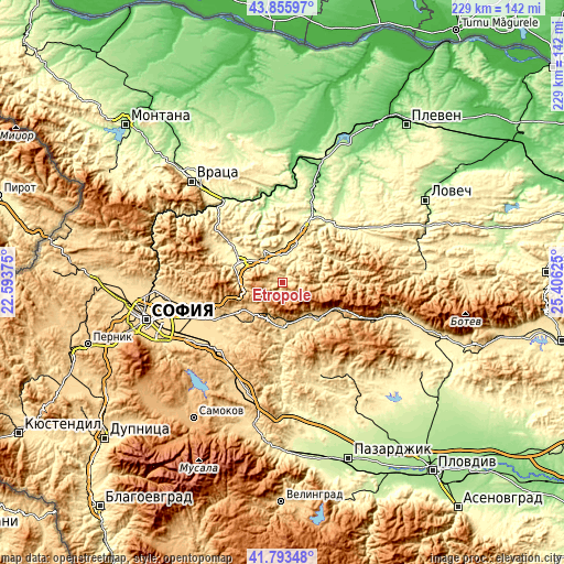 Topographic map of Etropole