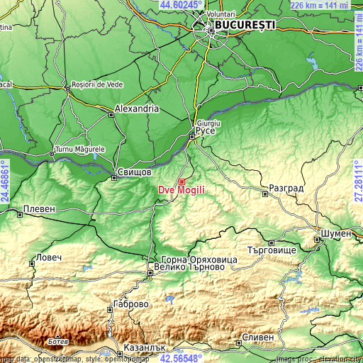 Topographic map of Dve Mogili