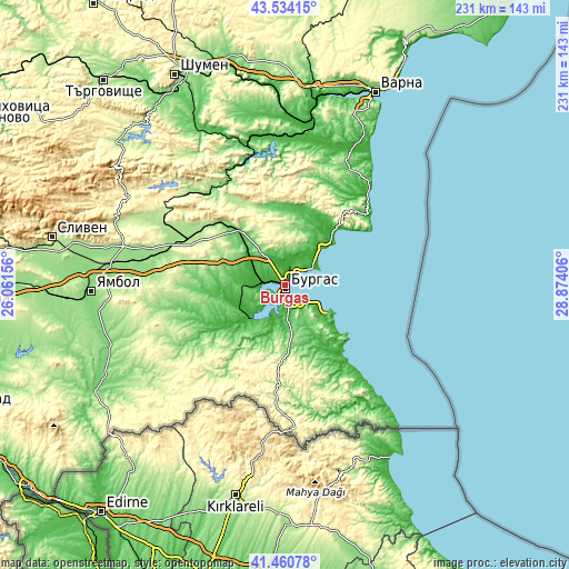 Topographic map of Burgas
