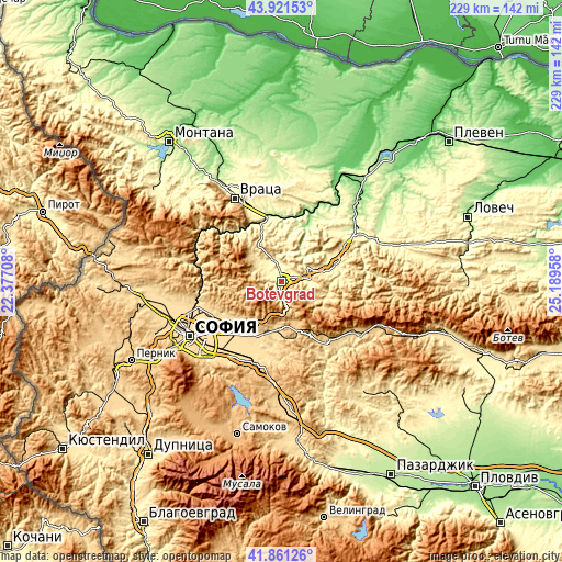 Topographic map of Botevgrad