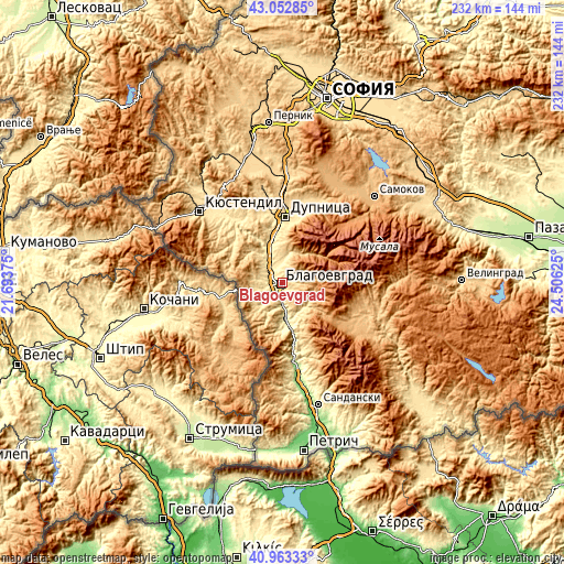 Topographic map of Blagoevgrad