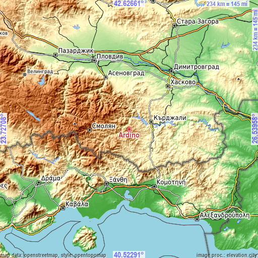 Topographic map of Ardino