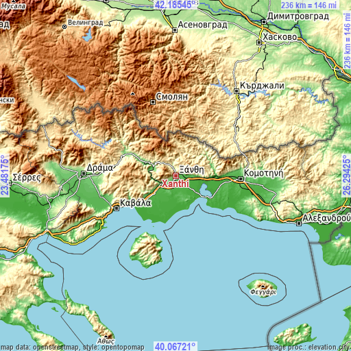 Topographic map of Xánthi