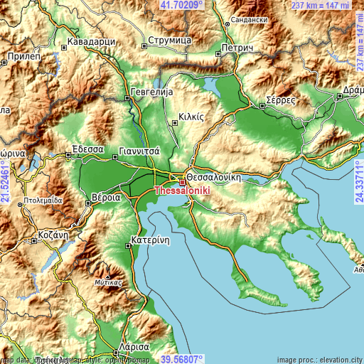 Topographic map of Thessaloníki