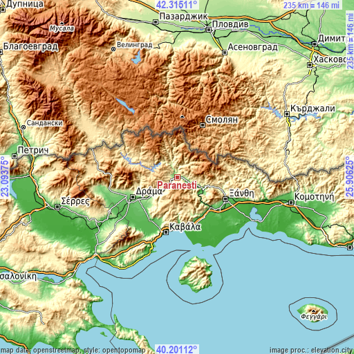 Topographic map of Paranésti