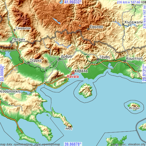 Topographic map of Kavála
