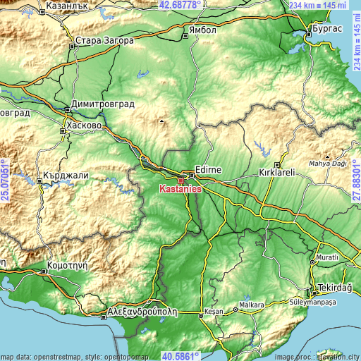 Topographic map of Kastaniés