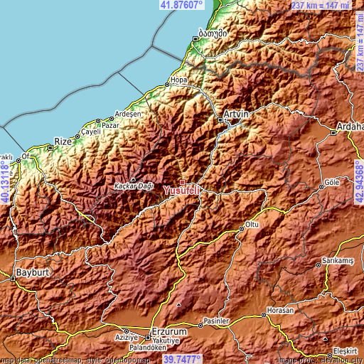 Topographic map of Yusufeli